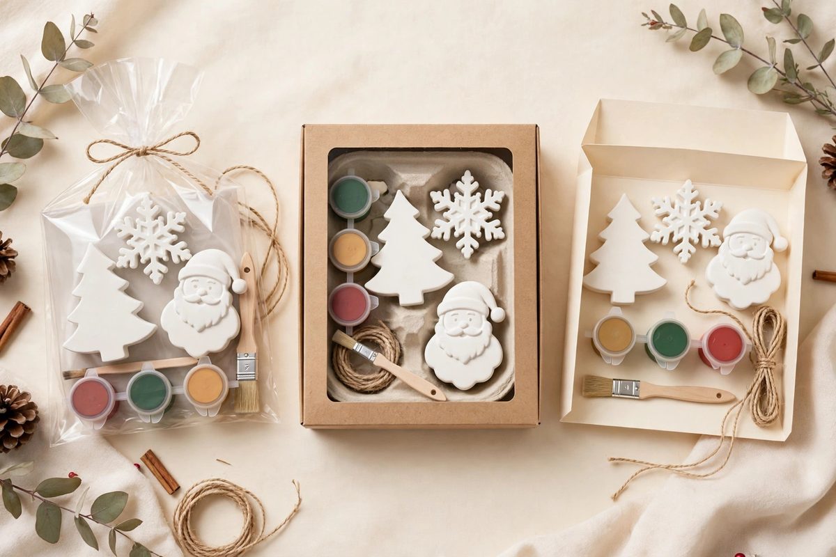 Paint-your-own Christmas ornament kit with gold paint and ribbon